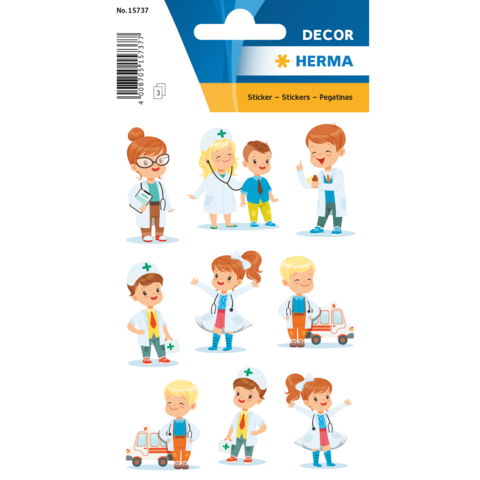 Aufkleber mit verschiedenen Charakteren in medizinischen Outfits, darunter Ärzte, Krankenschwestern und Kinder, die ein Spielzeug-Ambulanzfahrzeug halten.