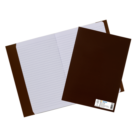 Braune Ordner mit linierten Blättern, einer offen und einer geschlossen, auf einem neutralen Hintergrund.