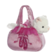 Rosa Handtasche mit einem weißen Plüschkaninchen und einem Tüllrand, verziert mit Ballettschuhen auf der Vorderseite.