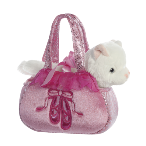Rosa Handtasche mit einem weißen Plüschkaninchen und einem Tüllrand, verziert mit Ballettschuhen auf der Vorderseite.