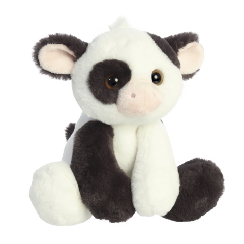 Kuscheltier in Form einer Kuh mit weißen und braunen Flecken, großen Augen und einem freundlichen Gesicht, sitzt aufrecht.