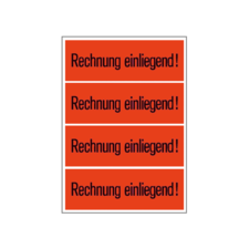 Vier rote Aufkleber mit dem Text "Rechnung einliegend!" in weißer Schrift.
