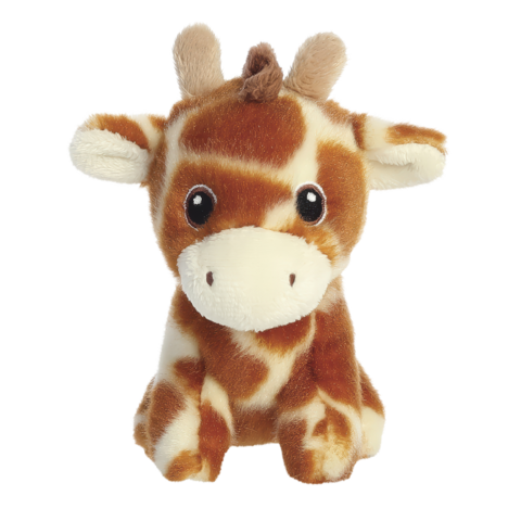 Plüschgiraffe mit braunem und beigem Fell, großen Augen und kleinen Hörnern, sitzt aufrecht und schaut direkt in die Kamera.