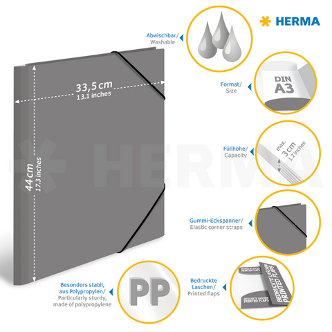 Graue A3-Mappe mit elastischen Ecken, abwischbar, aus Polypropylen, stabil und mit bedruckten Laschen für Unterlagen.
