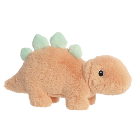 Plüschdinosaurier in sanften Farben, mit einem orangefarbenen Körper und grünen Stacheln auf dem Rücken.
