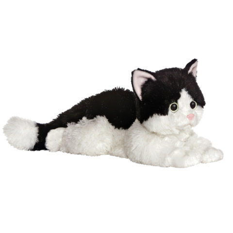 Schwarze und weiße Plüschkatze, liegend mit großen Augen und einer rosa Nase, auf einem neutralen Hintergrund.