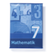 Ein blaues Buchcover mit der Aufschrift "Mathematik" und der Zahl "7", umgeben von verschiedenen Zahlen und mathematischen Symbolen.