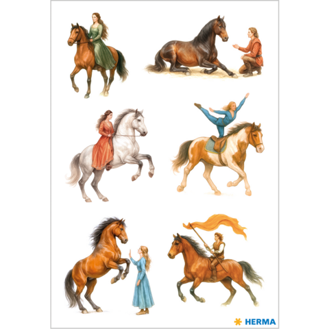 Verschiedene Szenen mit Frauen und Pferden, darunter Reiten, Pflege und akrobatische Vorführungen.