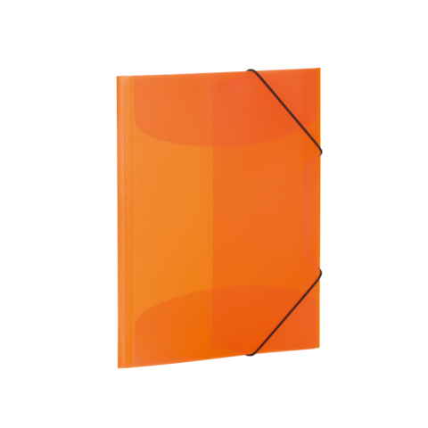 Oranger Ordner mit elastischem Verschluss, geeignet für die Aufbewahrung von Dokumenten und Unterlagen.