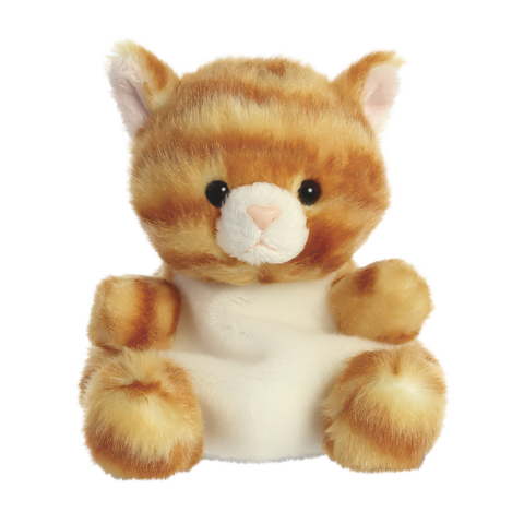 Kuscheltier in Form einer orangefarbenen Katze mit großen Augen und weichem Fell, sitzt aufrecht mit ausgestreckten Pfoten.