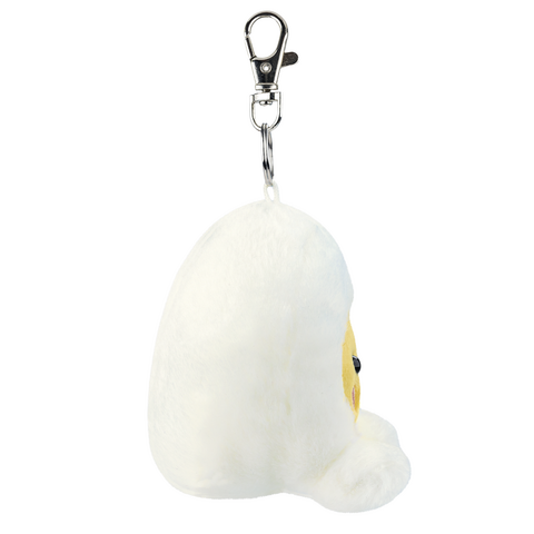 Plüschanhänger in Form eines weißen Wesens mit gelbem Gesicht und Clipverschluss.