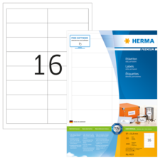 Etikettenblatt mit der Nummer 16, präsentiert von HERMA, zeigt die Produktdetails und Anwendungsinformationen.