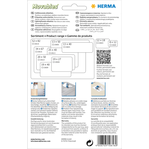 Produktverpackung mit verschiedenen Etikettenformaten und Anwendungshinweisen. Enthält QR-Code und Informationen zur Produktreihe von Herma.