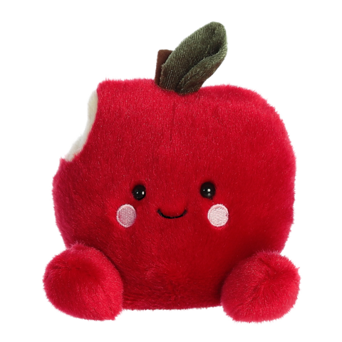 Kuscheliges rotes Apfelplüschtier mit einem Biss, lächelnd und mit rosa Wangen, auf einem neutralen Hintergrund.
