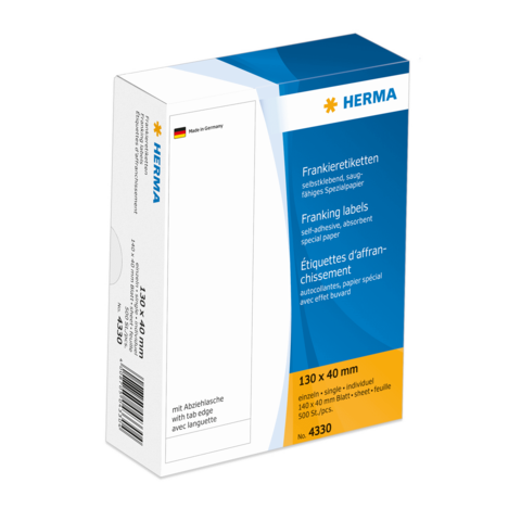 Frankieretiketten von HERMA, 130 x 40 mm, selbstklebend und saugfähig, Packung mit 500 Stück.