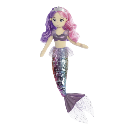 Puppe mit lila-rosa Haaren und glitzerndem Fischschwanz, trägt ein schwarzes Oberteil und hat einen freundlichen Gesichtsausdruck.