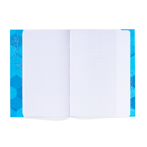 Ein offenes kariertes Notizbuch mit blauen Hexagon-Muster auf dem Umschlag. Die Seiten sind leer und bereit zum Beschreiben.