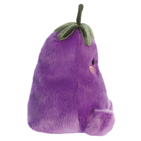 Lila Plüschfigur in Form einer Aubergine mit grünen Blättern oben und einem freundlichen Gesicht."
(Note: The text is already in German and does not require translation. It is clear and fluent as it is.)