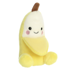 Plüschbanane mit einem lächelnden Gesicht, gelber Schale und braunem Stiel, sitzt aufrecht und hat runde, schwarze Augen.