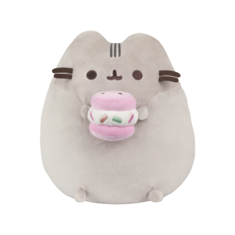 Ein plüschiger Kater mit einem runden Körper hält einen bunten Macaron in den Händen.