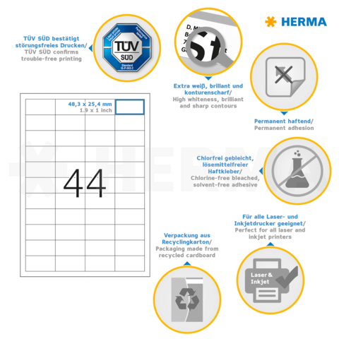 TÜV SÜD bestätigt störungsfreies Drucken. Enthält Informationen zu Haftung, Material und Verwendung für Laser- und Inkjetdrucker.