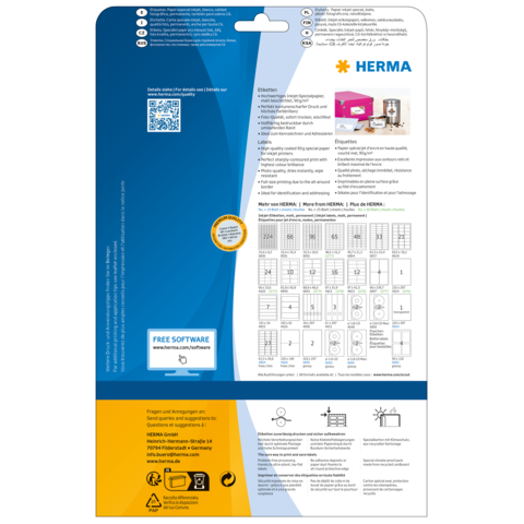 Rückseite einer Verpackung mit Informationen zu HERMA Produkten, Anleitungen und einem Hinweis auf kostenlose Software.