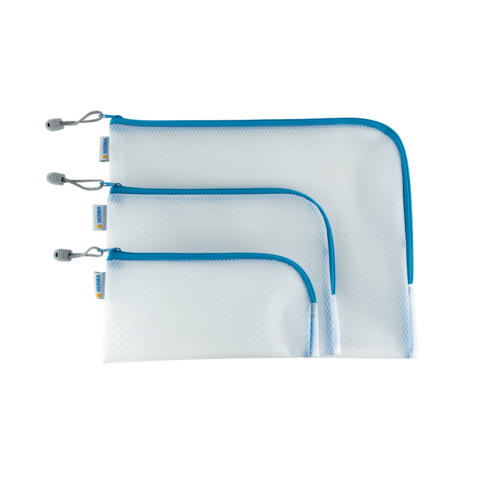Drei transparente Aufbewahrungstaschen in verschiedenen Größen mit blauen Reißverschlüssen. Ideal für die Organisation von Kleinigkeiten.