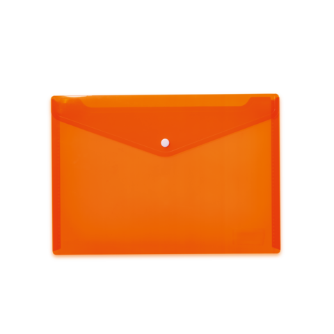 Transparente orangefarbene Mappe mit Klappe und Druckknopfverschluss. Ideal für Dokumente und Unterlagen.