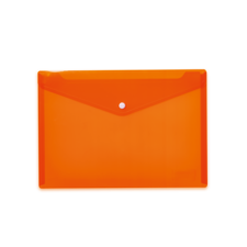 Transparente orangefarbene Mappe mit Klappe und Druckknopfverschluss. Ideal für Dokumente und Unterlagen.