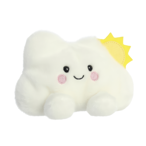 Weicher, weißer Wolkenplüsch mit einem lächelnden Gesicht und rosa Wangen, ergänzt durch eine gelbe Sonne auf der Seite.