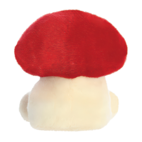 Ein plüschiger Toad-Charakter mit rotem Hut und beigem Körper, von hinten gesehen.