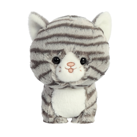 Kuscheltier in Form eines gestreiften Katers mit großen Augen und einem freundlichen Gesichtsausdruck.