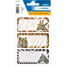Tiermotive auf Etiketten: Giraffe, Tiger und Zebra, jeweils auf einem Hintergrund mit Tierfellmustern.