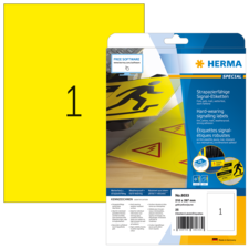 Gelbe Signaletik-Etiketten von HERMA, robust und strapazierfähig, mit einer Packungsgröße von 210 x 297 mm, 25 Stück.