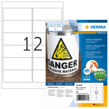 Aufkleberblatt mit 12 leeren Etiketten und einem Beispiel für ein Warnschild mit der Aufschrift "Danger Explosive Material".