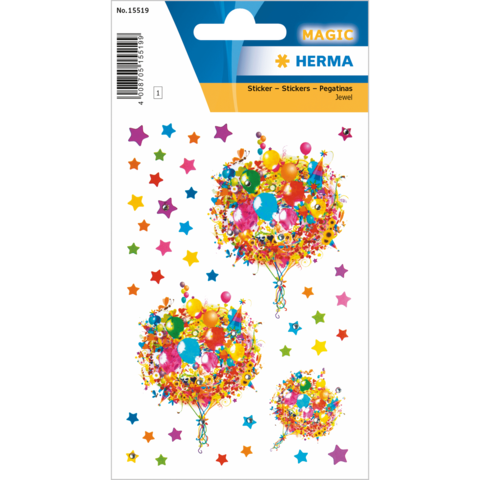 Bunte Aufkleber mit Luftballons und Sternen in verschiedenen Größen und Farben auf einer Verpackung.