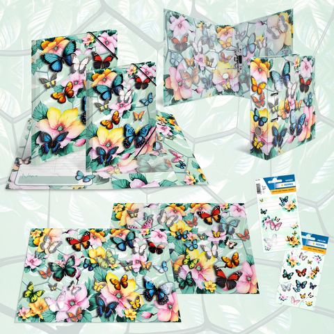 Bunte Schmetterlinge und Blumen auf verschiedenen Karten und einem Aufsteller, umgeben von einem hellen, gemusterten Hintergrund."
(Note: The original text is already in German and does not require translation. It is clear and fluent as it stands.)