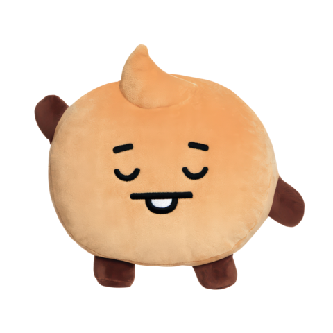 Runder, plüschiger Kissen mit einem lächelnden Gesicht, geschlossenen Augen und einem kleinen, nach oben gerichteten Haaransatz.