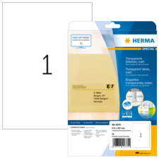 Transparente Etiketten von Herma, Packung mit 25 Stück, Größe 210 x 297 mm, für verschiedene Anwendungen.