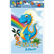 Buntes Stickeralbum-Cover mit einem lächelnden Dinosaurier, einem Vogel und Pflanzen, umgeben von einem Regenbogen und Wolken.