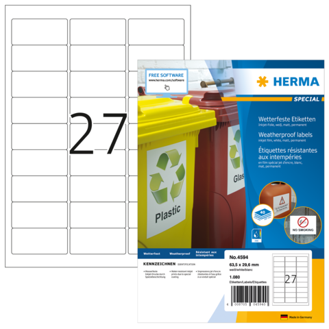 Wetterfeste Etiketten von HERMA, Packung mit 27 Etiketten, geeignet für verschiedene Anwendungen, inklusive Software-Hinweis.
