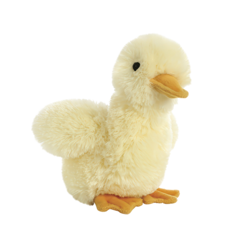Plüschente mit gelbem Schnabel und Füßen, weichem, cremefarbenem Körper und runden, schwarzen Augen.