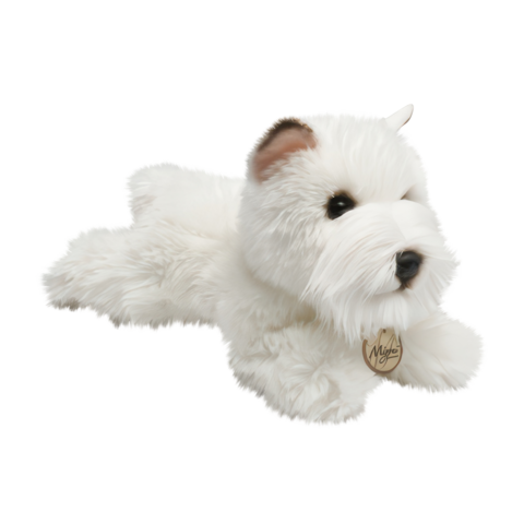 Weißer Plüschhund mit realistischen Details und einem kleinen Anhänger am Halsband.