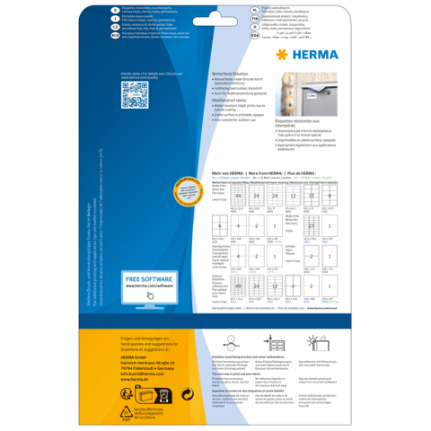 Rückseite einer Verpackung mit Informationen zu HERMA Produkten, einschließlich Anleitungen, QR-Code und einem Hinweis auf kostenlose Software.