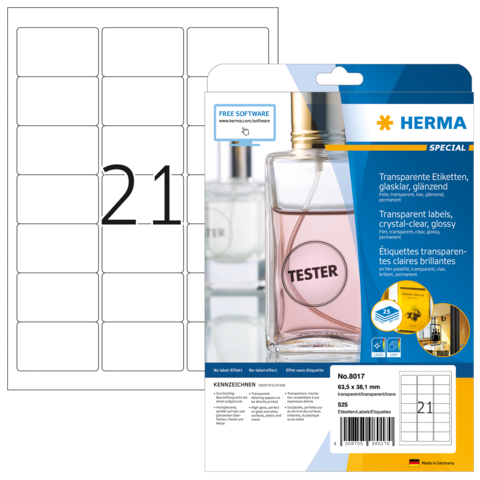 Transparente Etiketten von Herma, glänzend, mit einer Flasche und der Aufschrift "TESTER". Verpackung zeigt die Produktdetails und Maße.