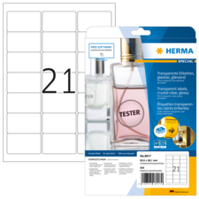 Transparente Etiketten von Herma, glänzend, mit einer Flasche und der Aufschrift "TESTER". Verpackung zeigt die Produktdetails und Maße.