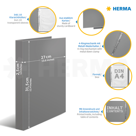 Grauer Ordner mit 4-Ringmechanik, 10 Klarsichthüllen und Innendruck. Größe: DIN A4, Maße: 27 x 31,5 cm." 

(Note: The text provided is already in German and does not require translation. It is clear and fluent as is.)