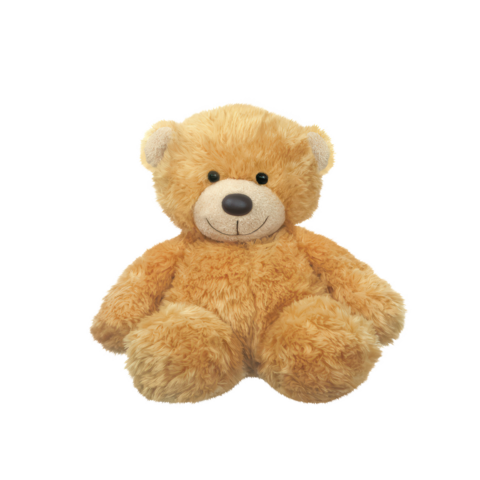 Ein weicher, brauner Teddybär mit einem freundlichen Gesicht und großen, runden Ohren sitzt aufrecht.