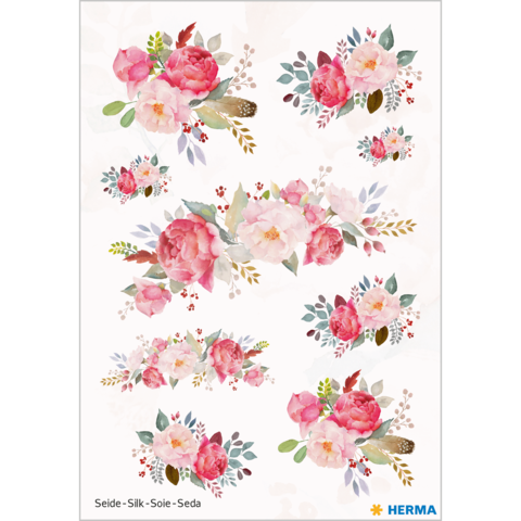 Bunte Blumenmuster in verschiedenen Anordnungen, hauptsächlich in Rosa- und Pastelltönen, umgeben von grünen Blättern.