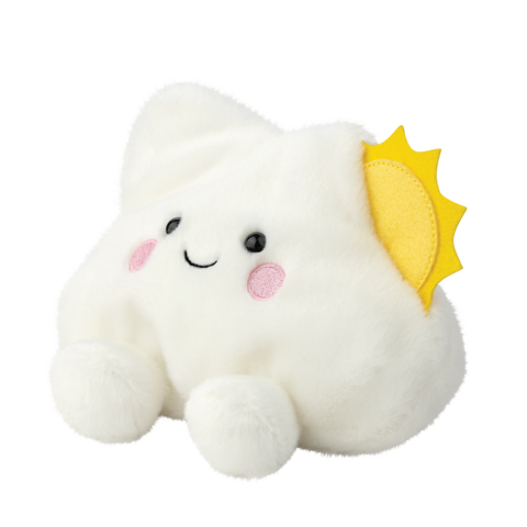 Kuscheliges, weißes Stofftier in Wolkenform mit einem lächelnden Gesicht, rosa Wangen und einer gelben Sonnenapplikation.